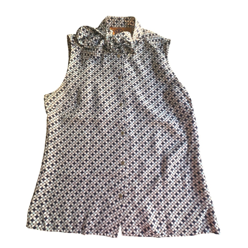 TORY BURCH Silk Sleeveless Pussycat Bow Blouse Navy Red Geometric Print Size 12